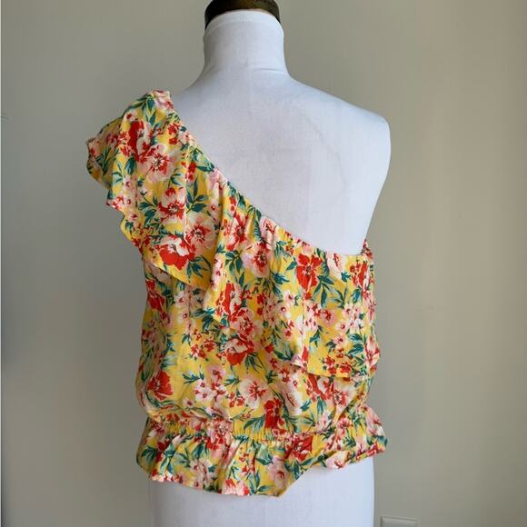 AMERICAN EAGLE YELLOW FLORAL ONE SHOULDER BLOUSE RUFFLE NECKLINE MEDIUM - Picture 4 of 7